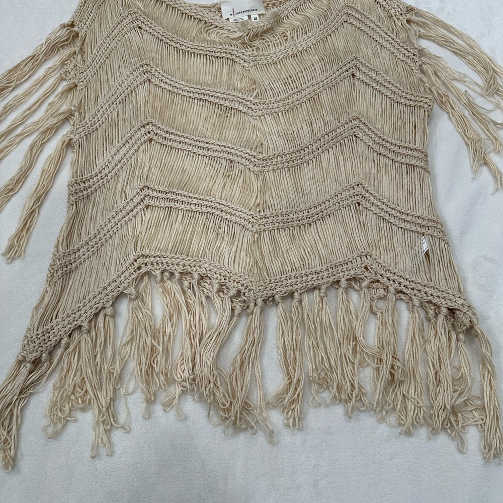 Anthropologie Ivory Crochet Fringe Poncho, Size One Size, EUC - Picture 6 of 10
